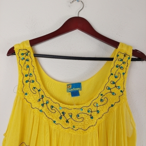 Sunflower Yellow Sleeveless Gauze Maxi Dress Free Size Floral Embroidered Sequin - Picture 3 of 13